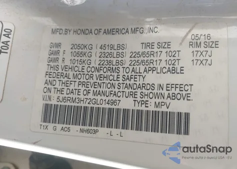 2016 Honda Cr-V Ex-L из США, поврежденный, VIN 5J6RM3H72GL014967